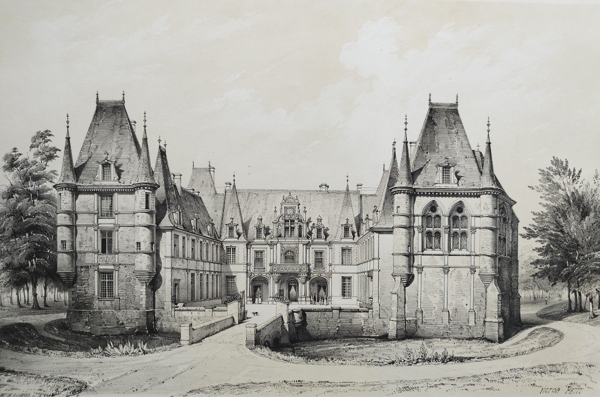 French Castle Marchais 19th Century Lithograph By Victor Petit Old Print