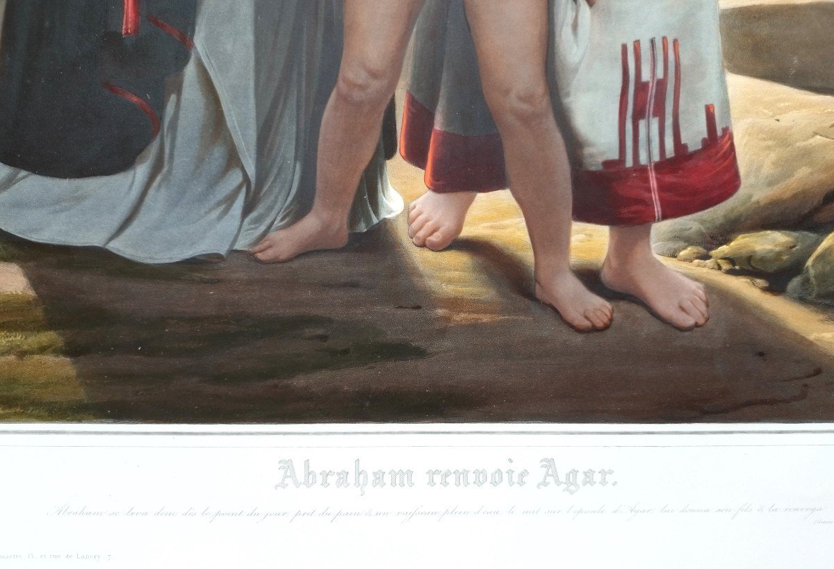 Grande Gravure Aquarellée Orientaliste Abraham Renvoie Agar d'Après Horace Vernet 19ème-photo-3