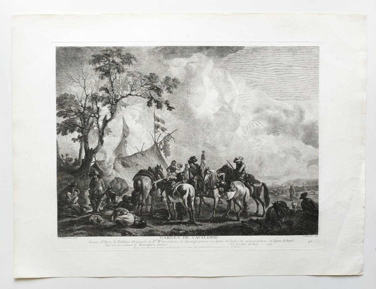 Etching Cavalry Guards Engraving  18th Century After Wouvermans Old Print-photo-2