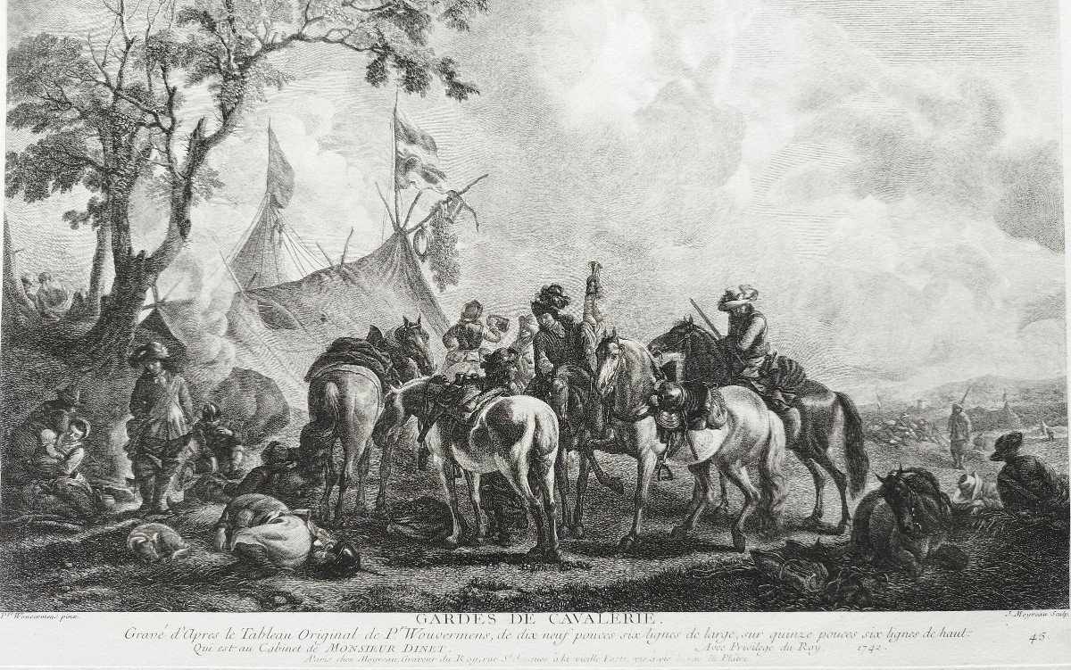 Etching Cavalry Guards Engraving  18th Century After Wouvermans Old Print-photo-4