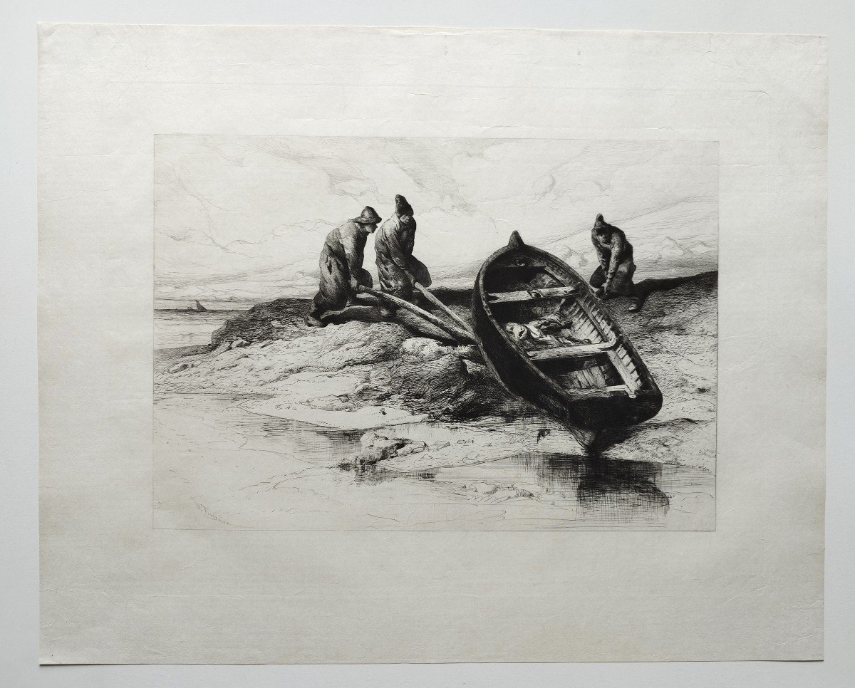Pêcheurs Mettant Leur Barque à l'Eau Gravure Par Valentin Foulquier-photo-2