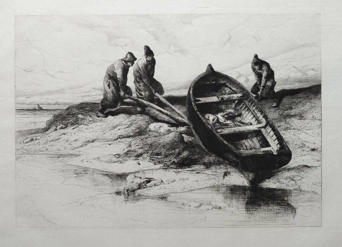 Pêcheurs Mettant Leur Barque à l'Eau Gravure Par Valentin Foulquier-photo-3