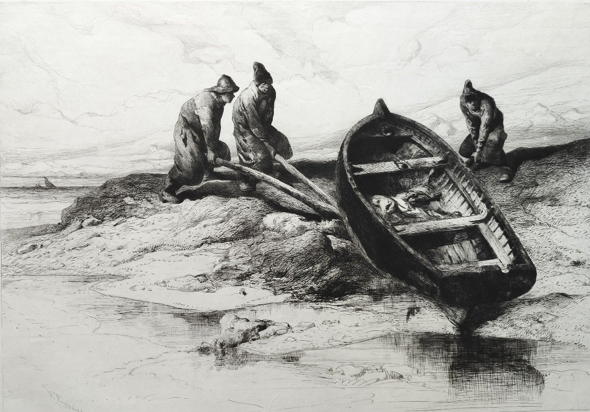 Pêcheurs Mettant Leur Barque à l'Eau Gravure Par Valentin Foulquier