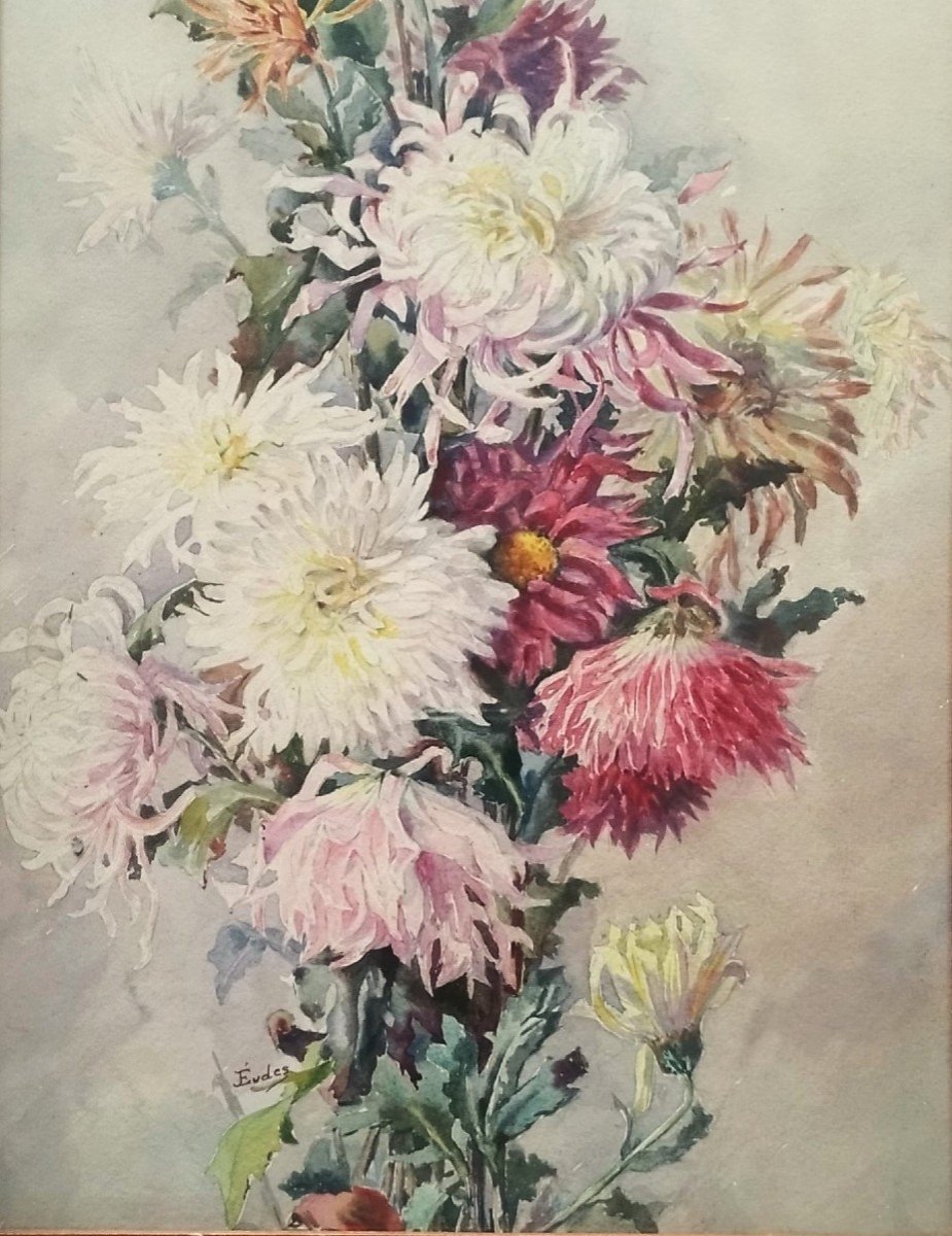 Chrysanthème Fleurs Aquarelle Par Eugène Jules Eudes -photo-3