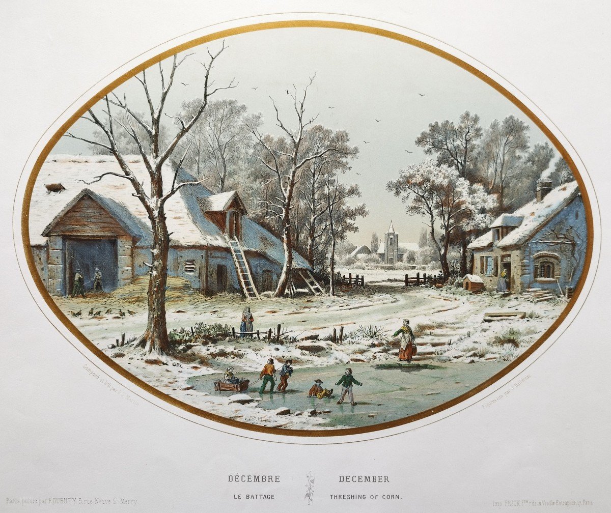 Paysage  d'Hiver Décembre Lithographie Aquarellée 19ème