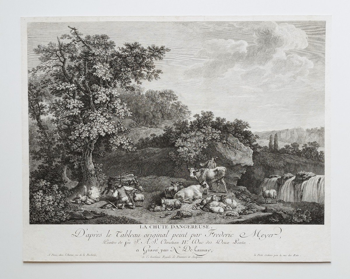 Etching Forest Landscape Engraving After Frederic Meyer The Dangerous Fall 18th C Old Print-photo-2