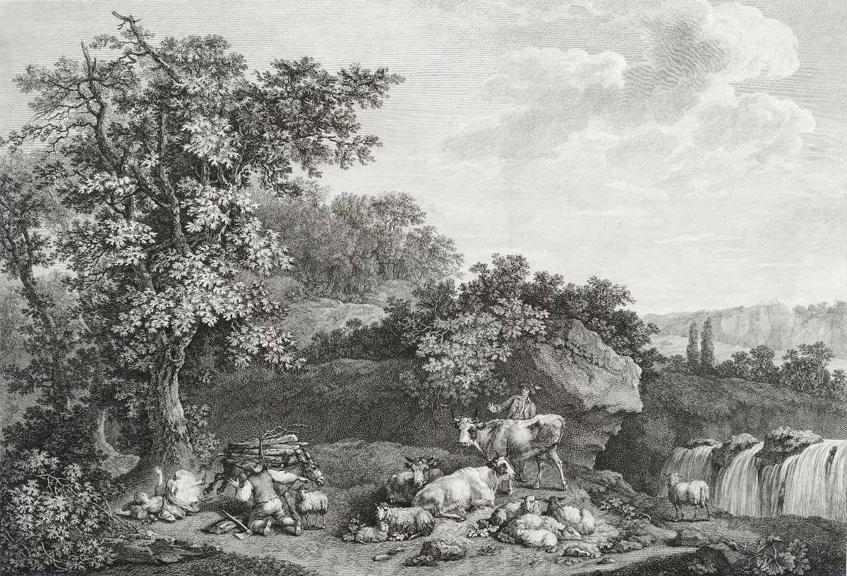 Etching Forest Landscape Engraving After Frederic Meyer The Dangerous Fall 18th C Old Print-photo-4