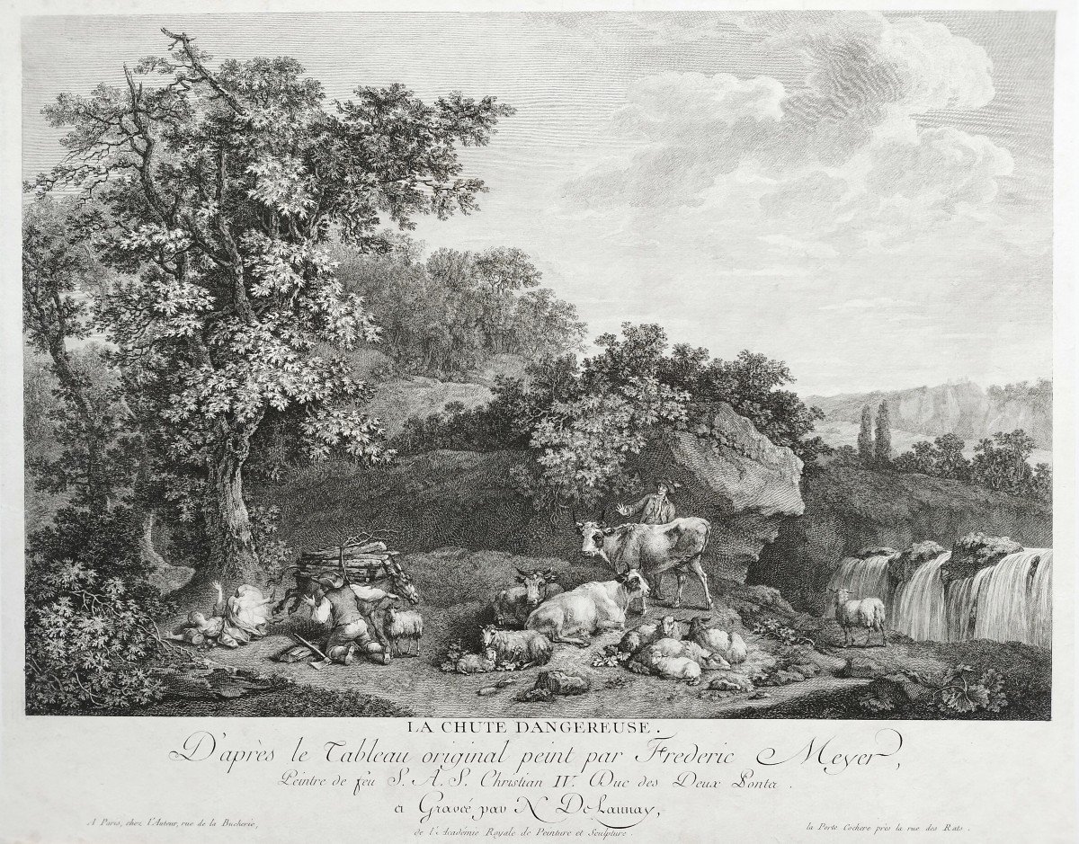 Etching Forest Landscape Engraving After Frederic Meyer The Dangerous Fall 18th C Old Print