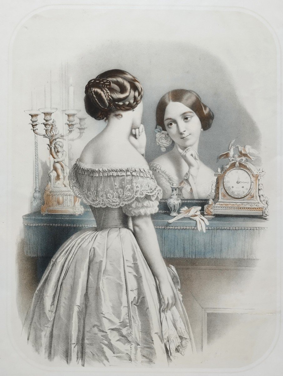 Portrait Femme Au Miroir Lithographie Finement Aquarellée 19ème