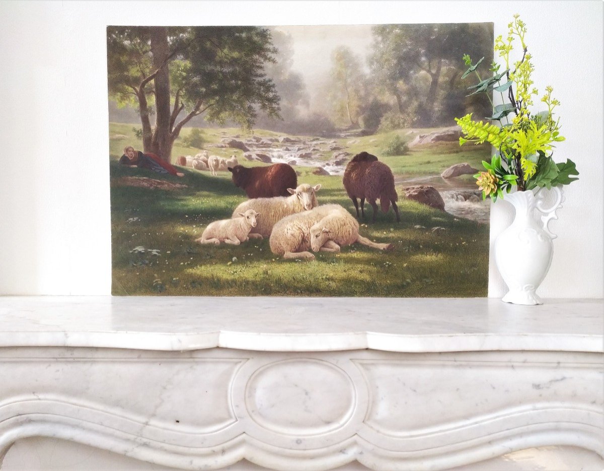 Paysage  Barbizon Les Moutons Gravure Aquarellée d'Après Auguste Bonheur-photo-2