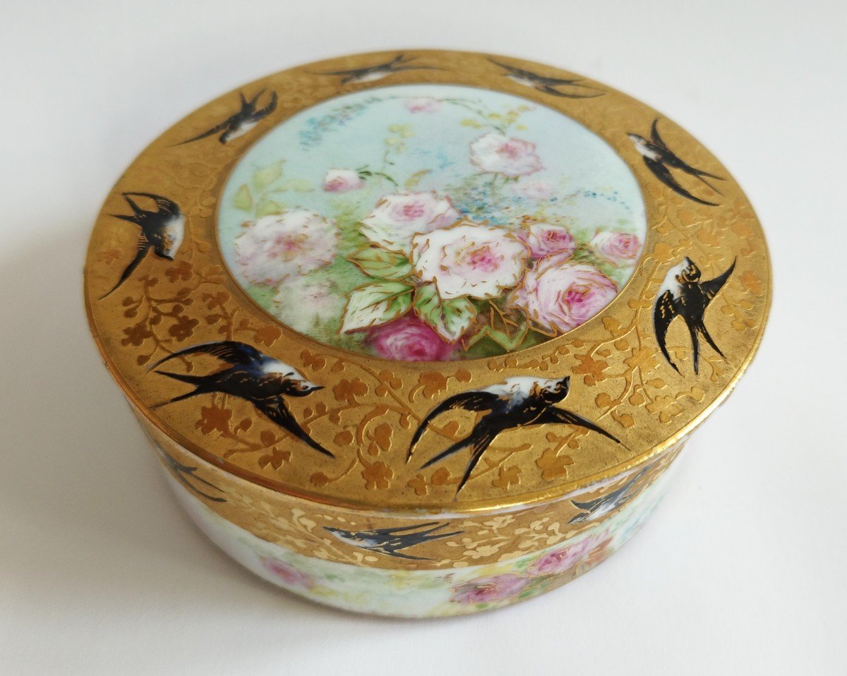 Hand Painted Porcelain Box Decorated With Roses And Swallows