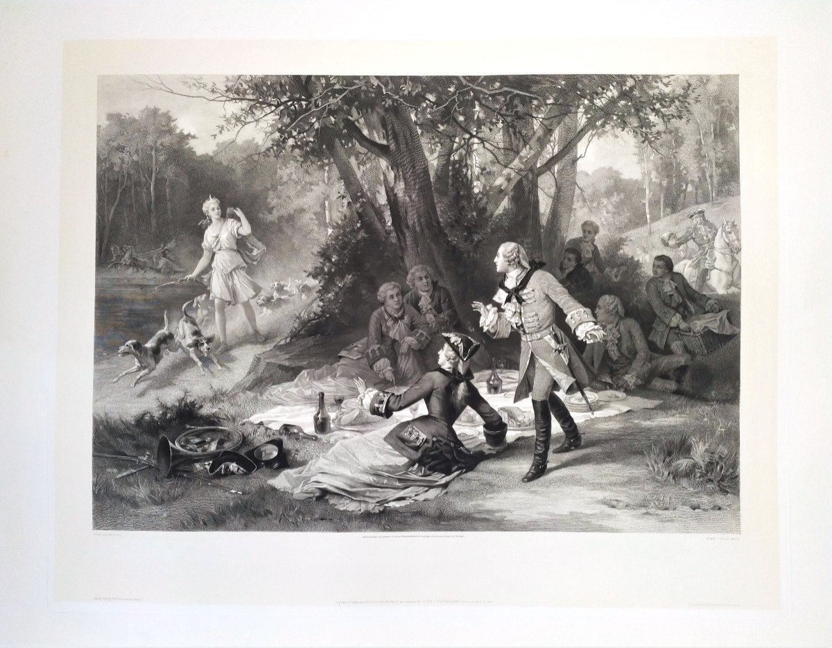 Grande Gravure De Chasse Louis XV Et Marquise De Pompadour d'Après Antoine Morlon-photo-2