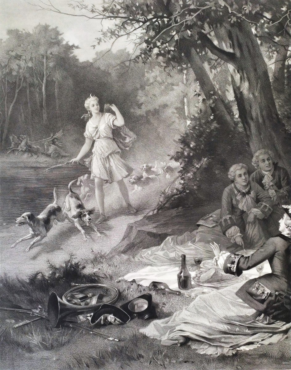 Large Engraving Of Hunting Louis XV And Marquise De Pompadour After Antoine Morlon-photo-4