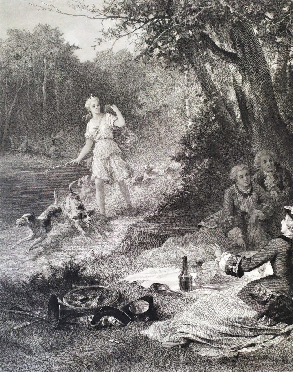 Grande Gravure De Chasse Louis XV Et Marquise De Pompadour d'Après Antoine Morlon-photo-4