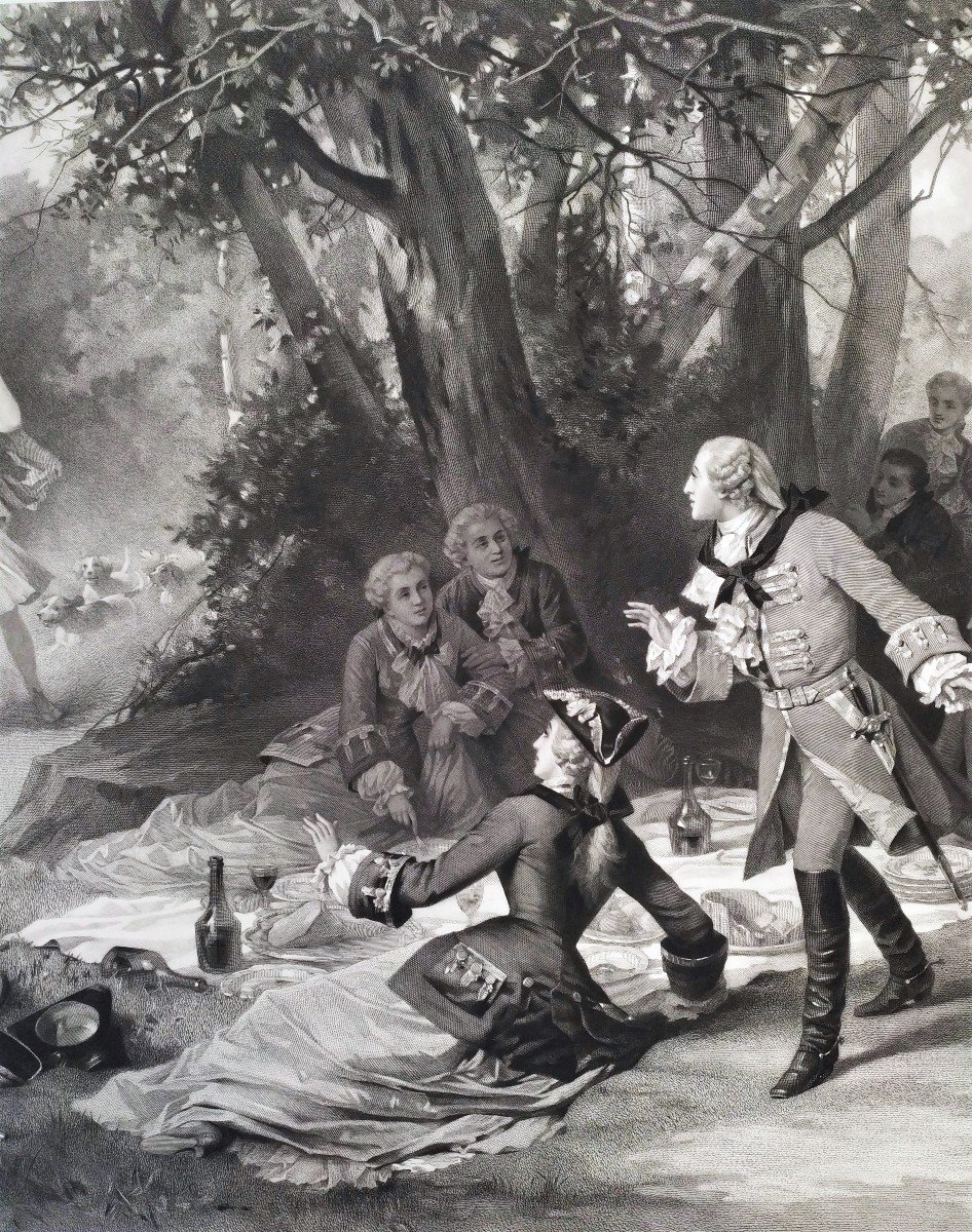 Large Engraving Of Hunting Louis XV And Marquise De Pompadour After Antoine Morlon-photo-5