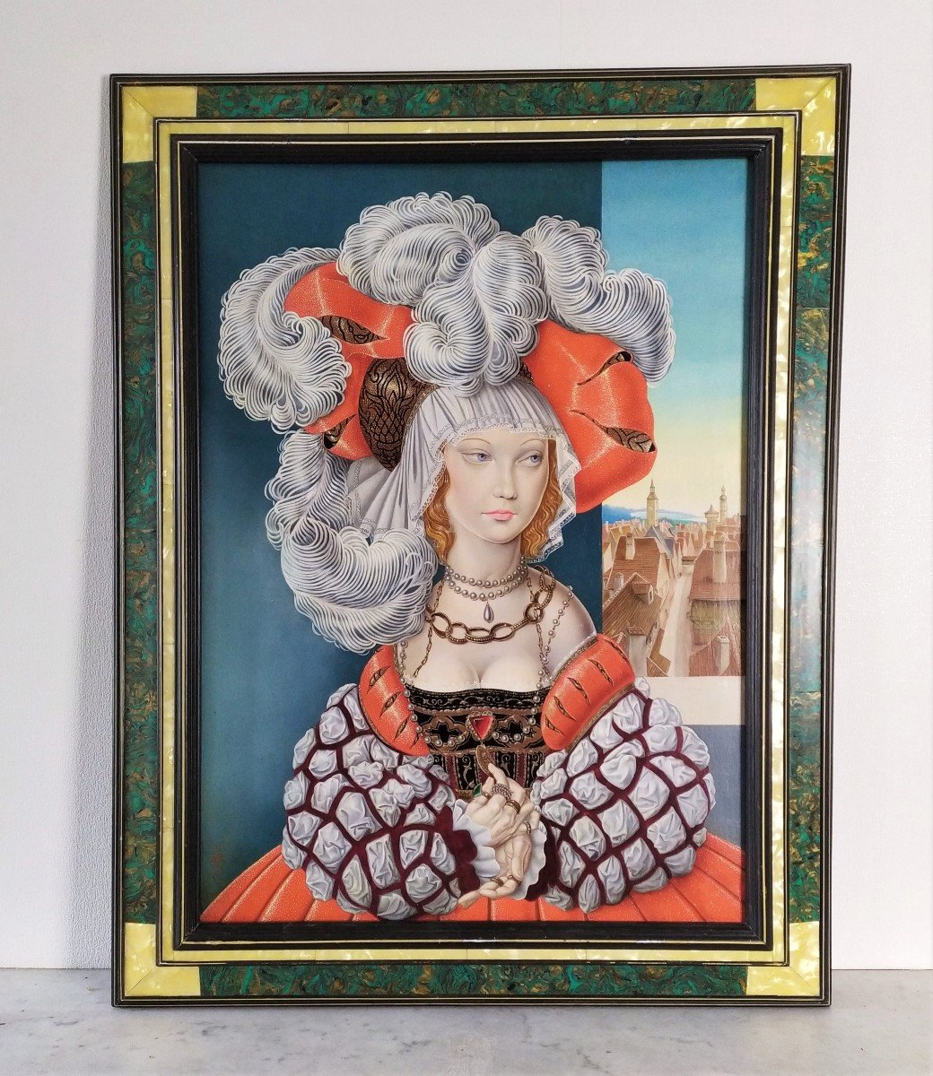 F.sala Tableau Huile Portrait Femme En Costume Renaissance -photo-3