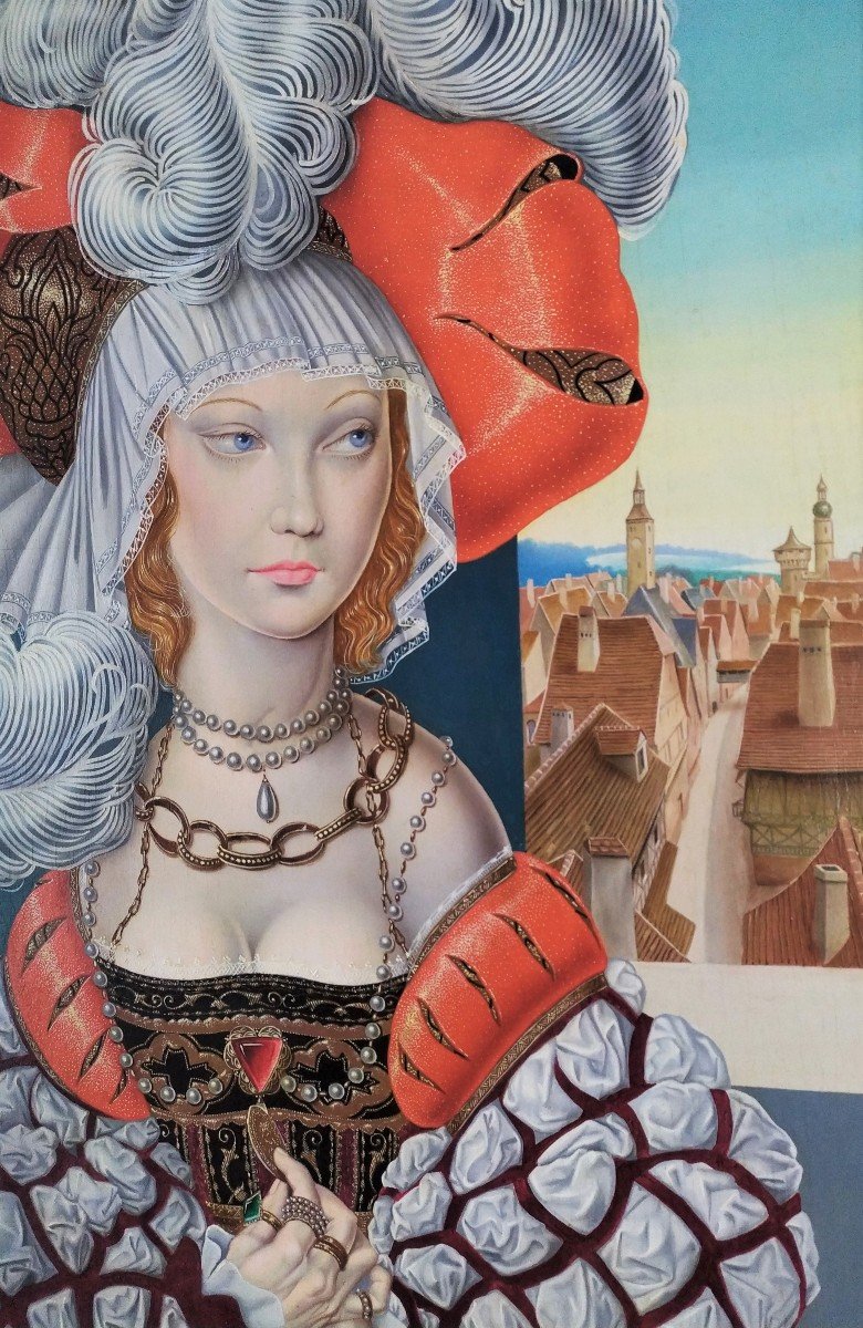 F.Sala Tableau Huile Portrait Femme En Costume Renaissance -photo-2