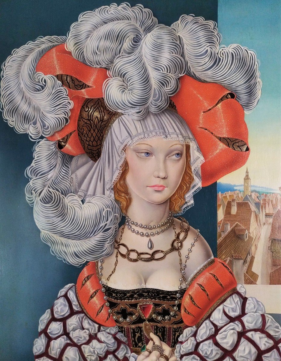 F.sala Tableau Huile Portrait Femme En Costume Renaissance -photo-1