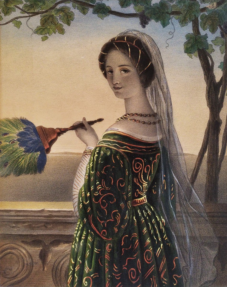 Italian Woman With A Fan Watercolored Lithograph 19th C Old Print-photo-3
