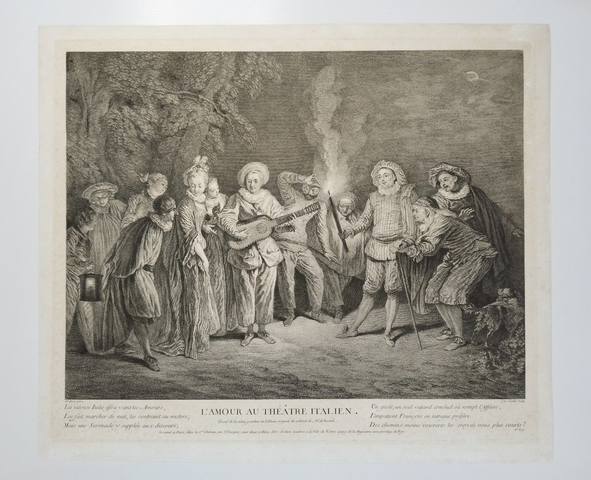 Etching Love At The Italian Theater  Engraving After Antoine Watteau 19th C Old Print-photo-2