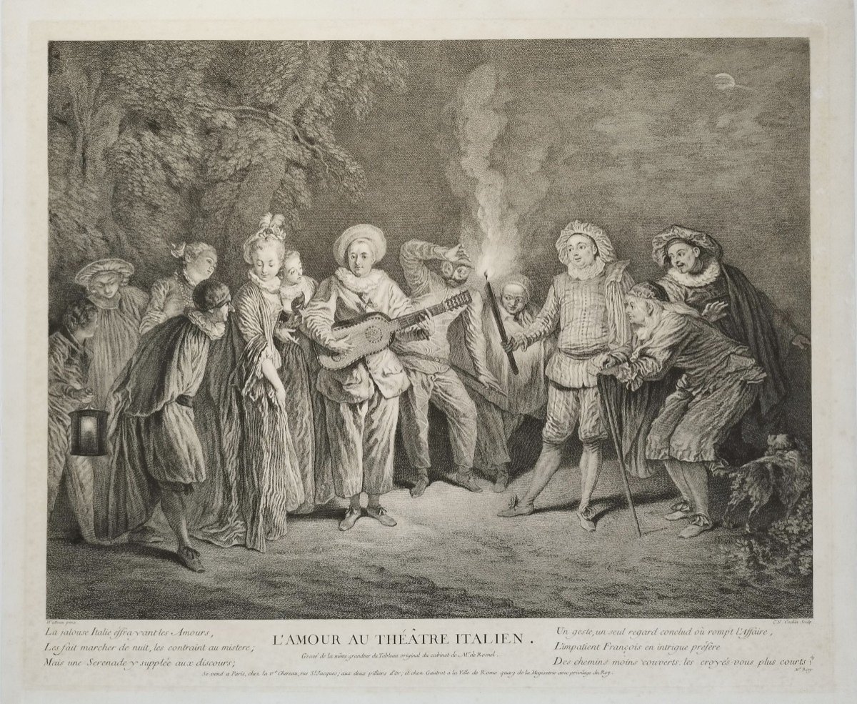 Etching Love At The Italian Theater  Engraving After Antoine Watteau 19th C Old Print-photo-3