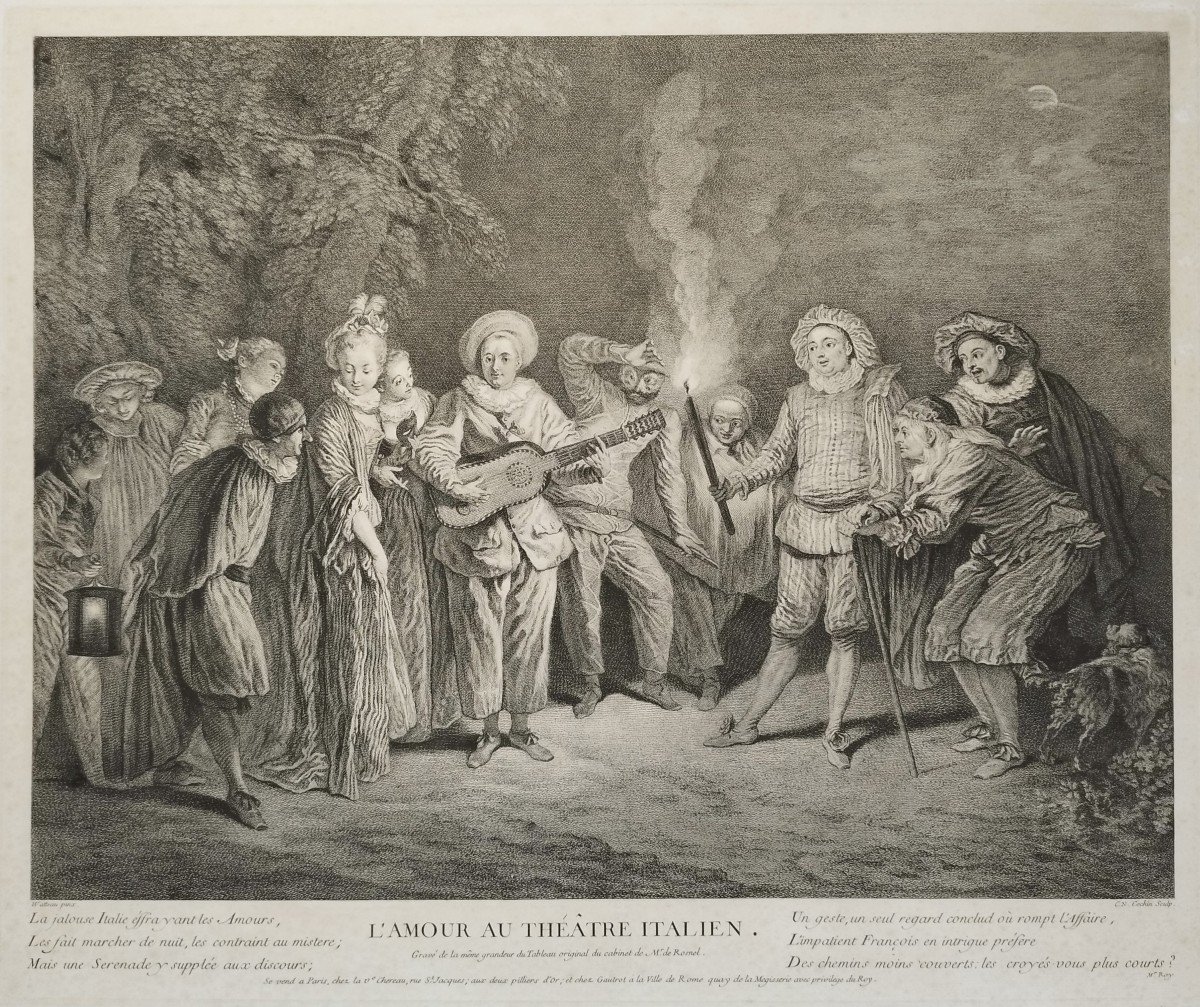 Etching Love At The Italian Theater  Engraving After Antoine Watteau 19th C Old Print-photo-4