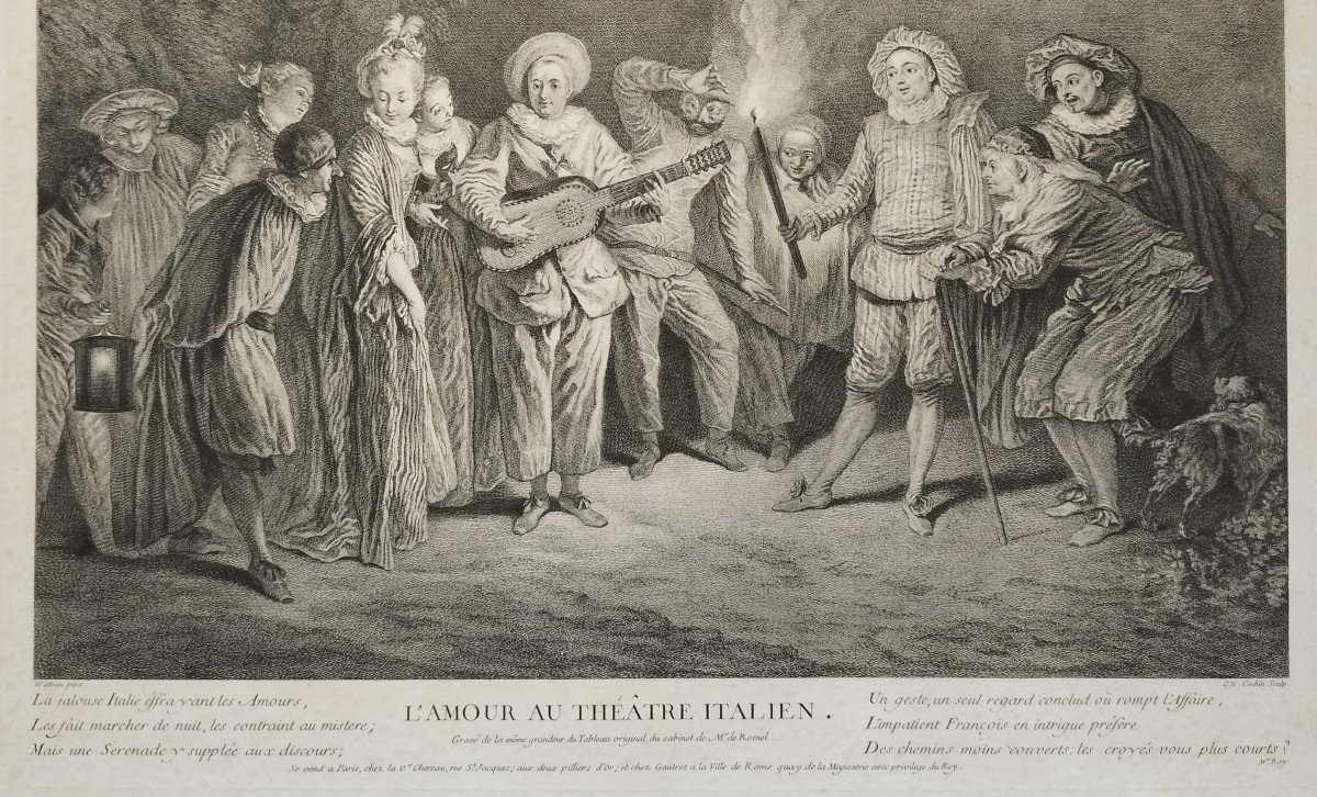 Etching Love At The Italian Theater  Engraving After Antoine Watteau 19th C Old Print-photo-2