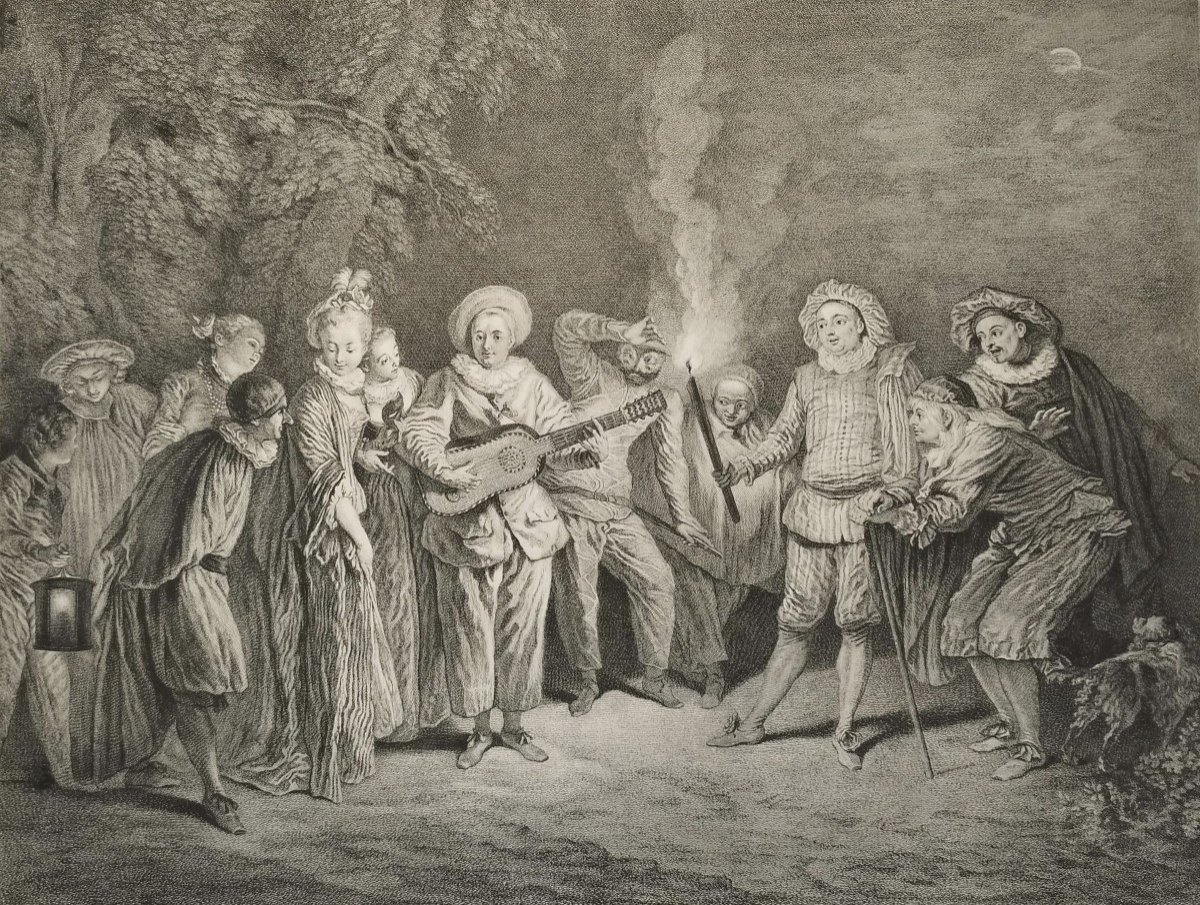 Etching Love At The Italian Theater  Engraving After Antoine Watteau 19th C Old Print