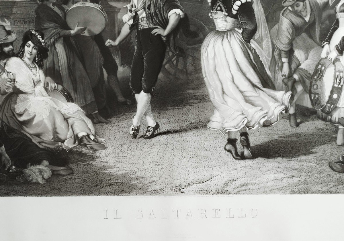 Etching Il Saltarello The Dance Large Engraving 19th C Old Print-photo-1