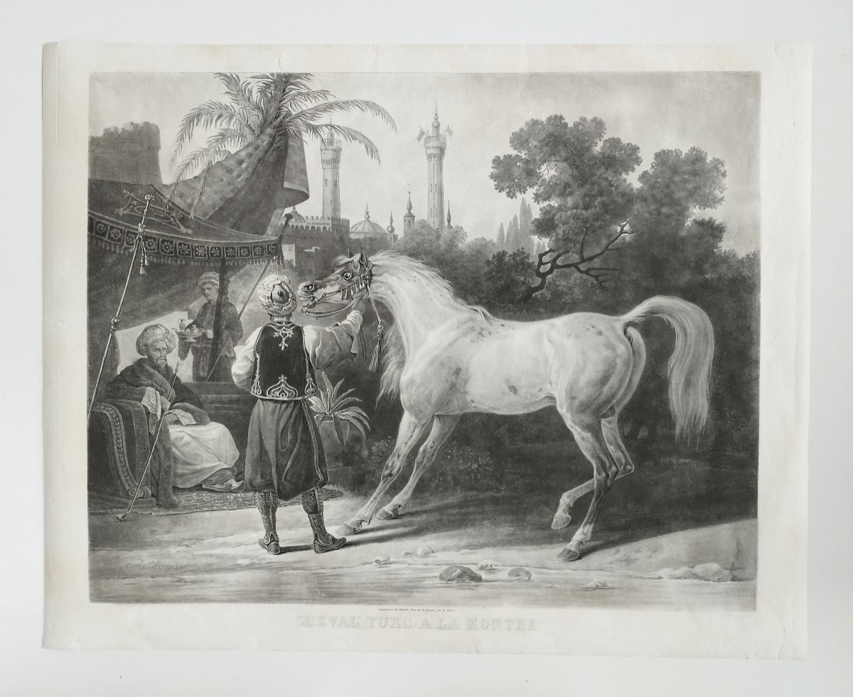 Arabian Horse Orientalist Engraving After Vernet Turkish Horse On Watch Etching Old Print-photo-2
