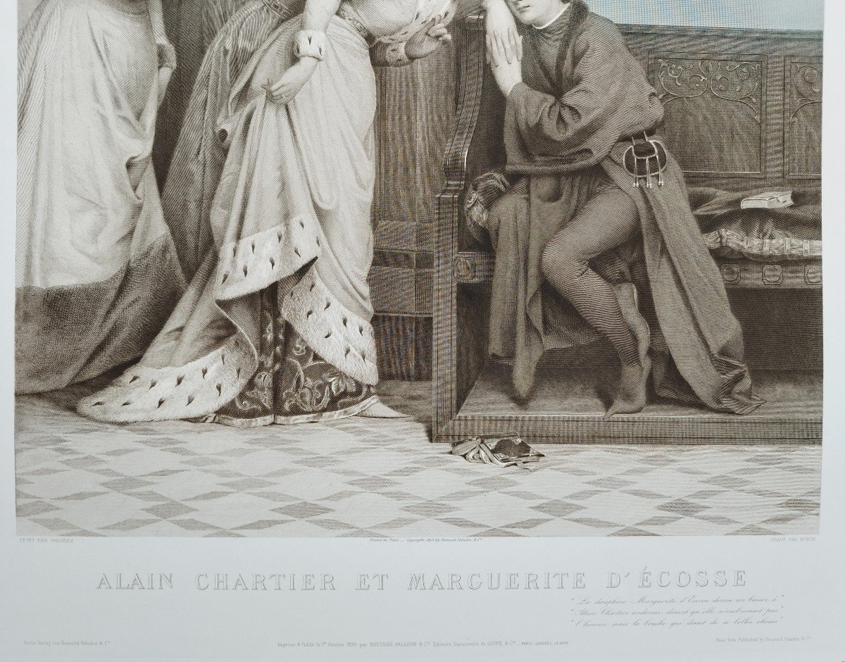 Alain Chartier Et Marguerite d'Ecosse Grande Gravure d'Après Wagrez -photo-1