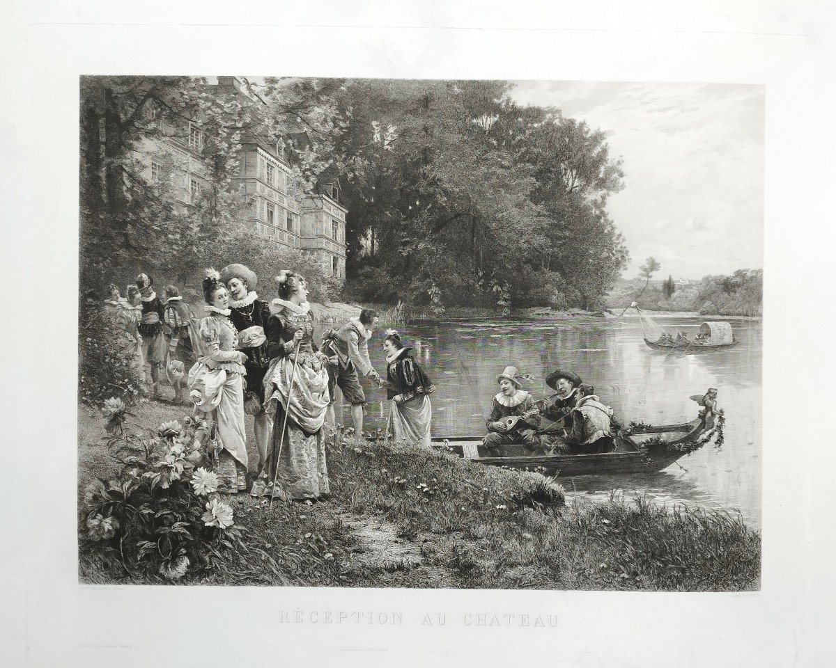 Réception Au Château Gravure XIXème Par Varin d'Après Adrien Moreau-photo-2