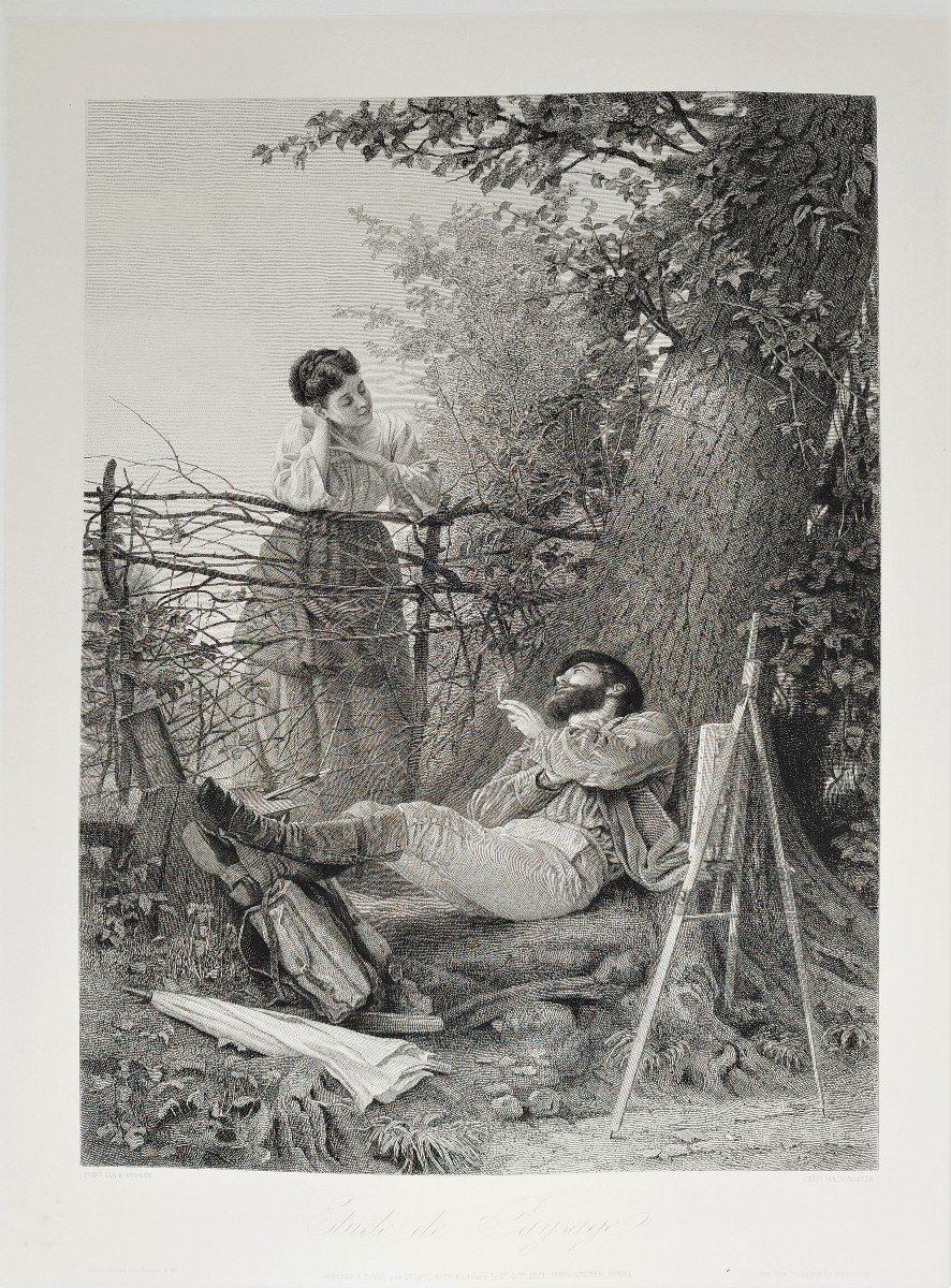 Peinture En Plein Air Gravure d'Après Edmond-Adolphe Rudaux 19 ème-photo-3