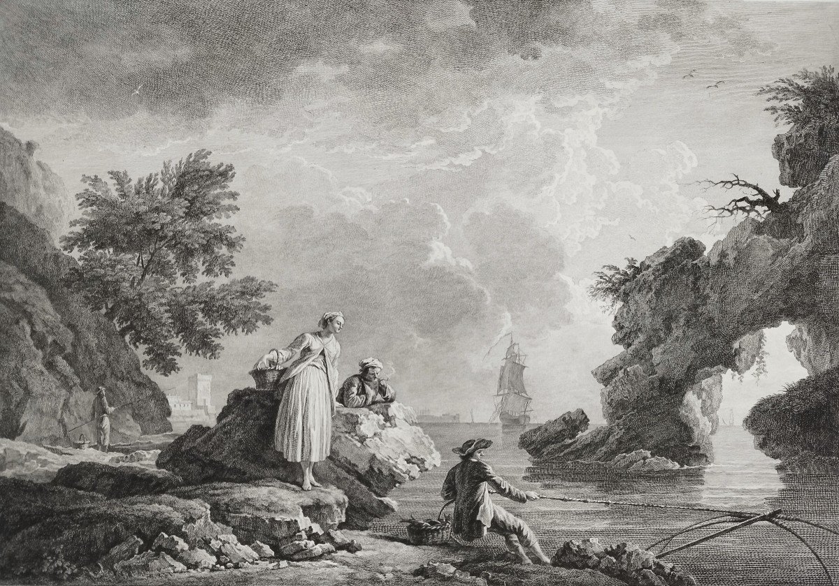 Seascape Engraving After Vernet Etching The Fortunate Fishermen 18th C Old Print-photo-4