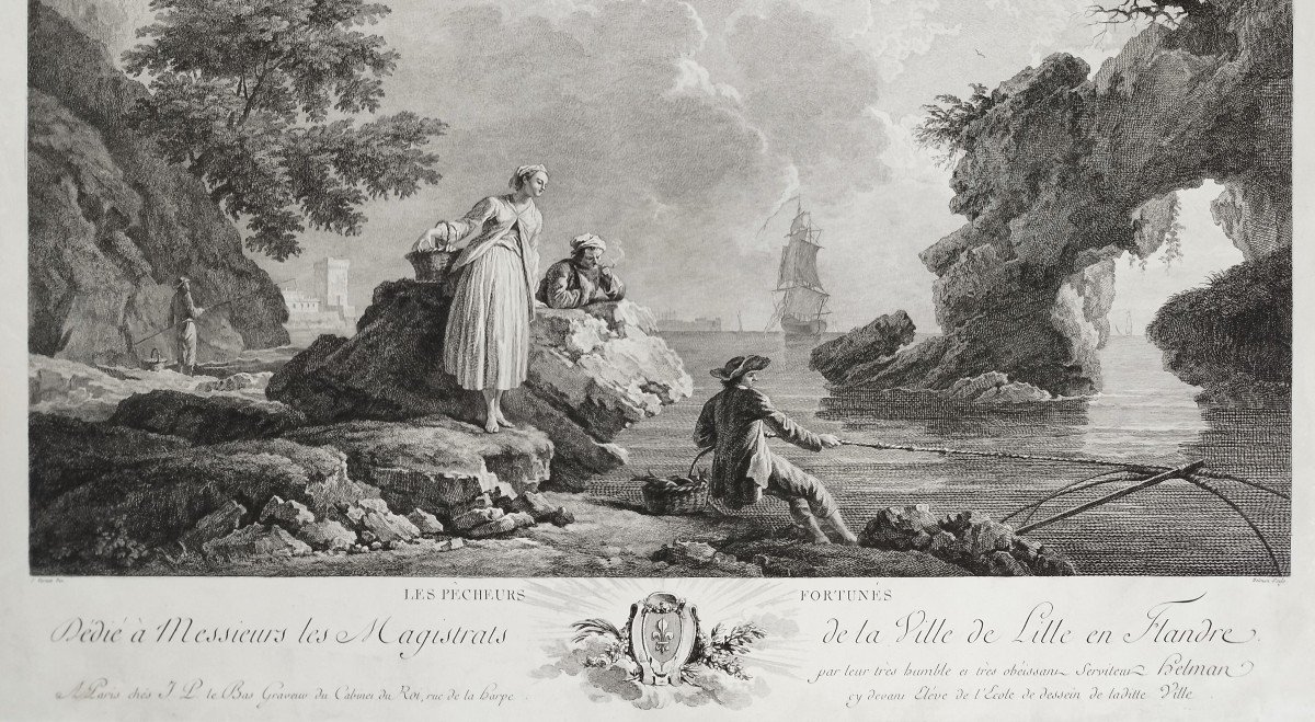 Seascape Engraving After Vernet Etching The Fortunate Fishermen 18th C Old Print-photo-1
