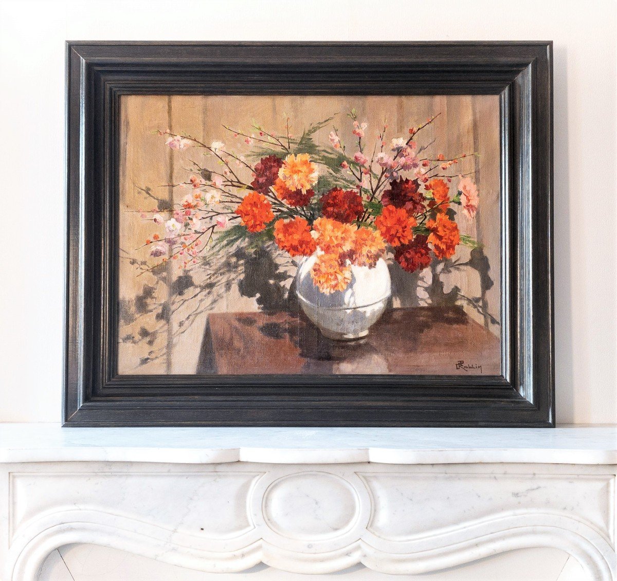 Carnations Still Life Flowers Painting Oil On Canvas Jules Roblin-photo-2