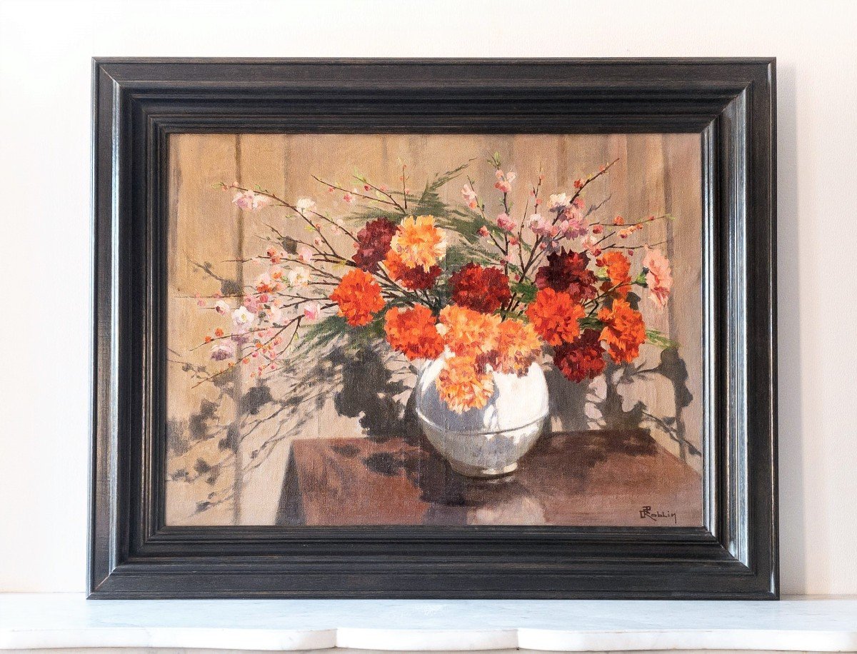 Carnations Still Life Flowers Painting Oil On Canvas Jules Roblin-photo-3