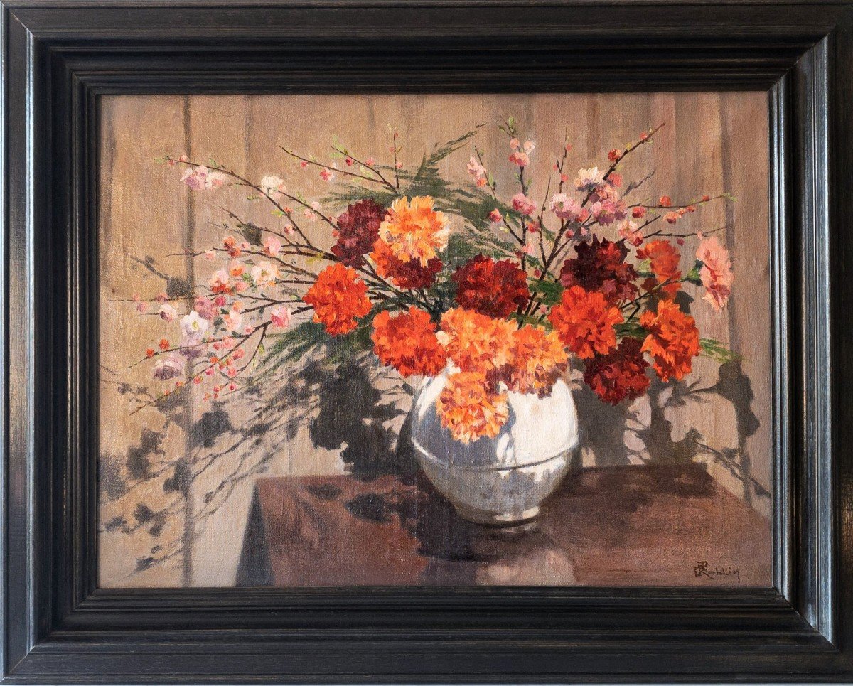 Carnations Still Life Flowers Painting Oil On Canvas Jules Roblin-photo-4