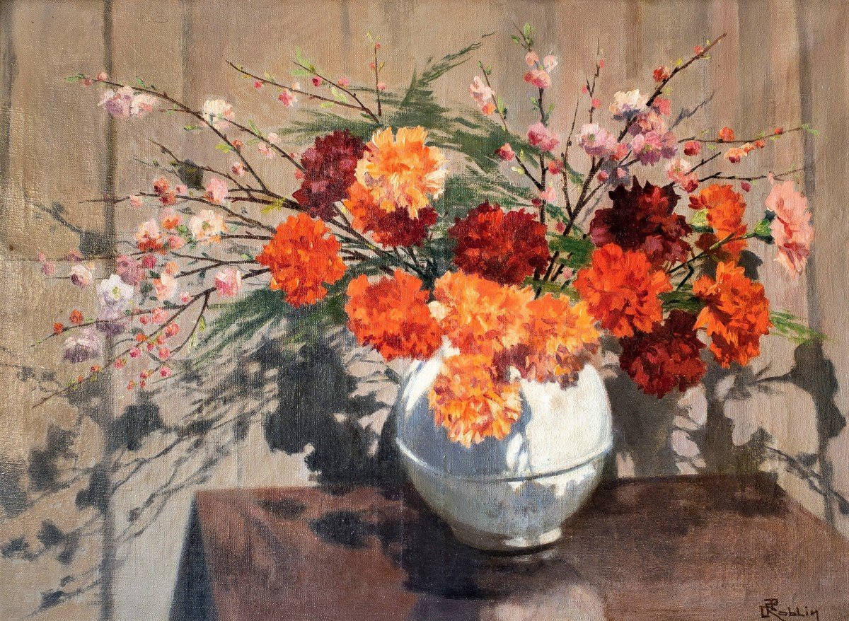 Carnations Still Life Flowers Painting Oil On Canvas Jules Roblin-photo-1
