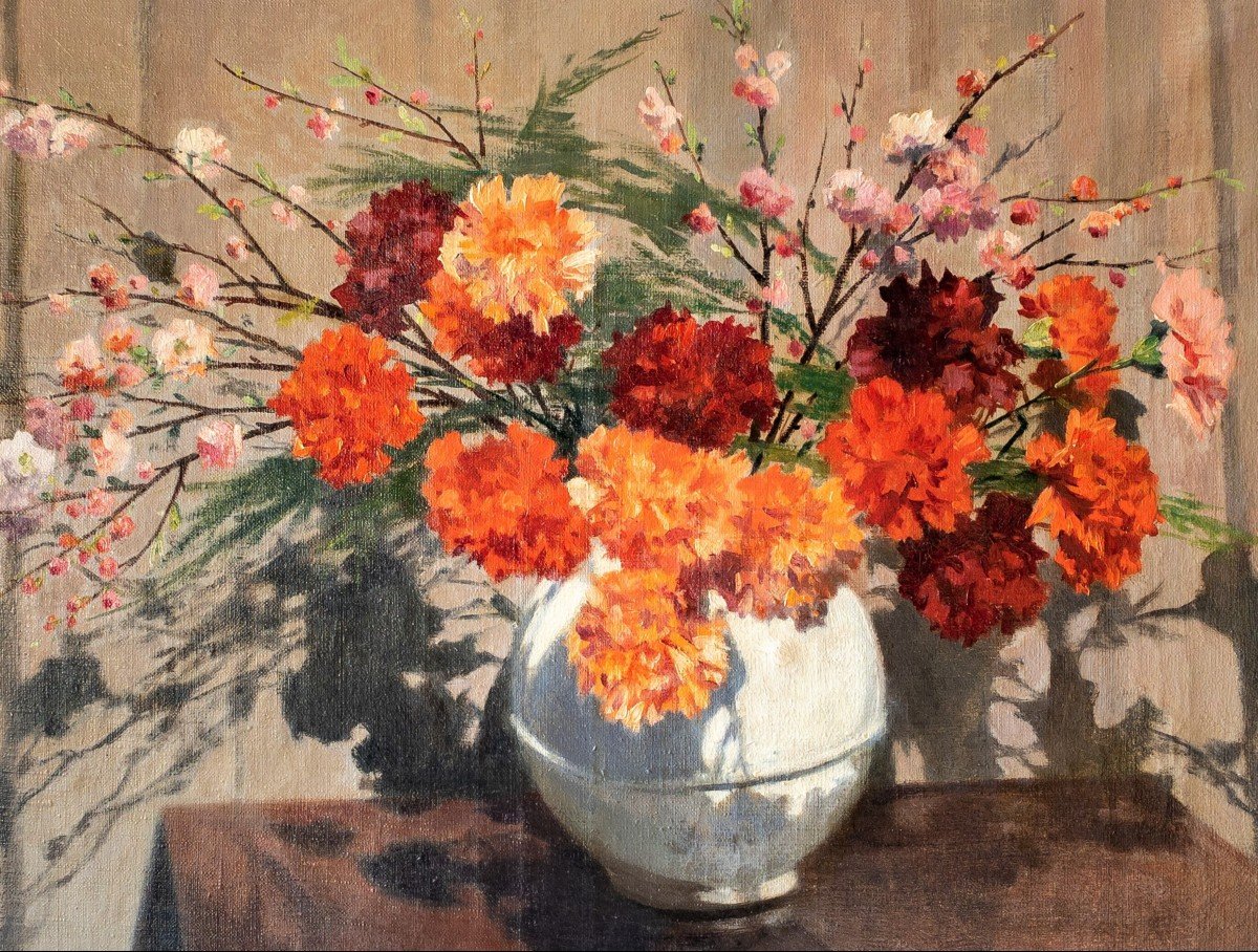 Carnations Still Life Flowers Painting Oil On Canvas Jules Roblin-photo-3