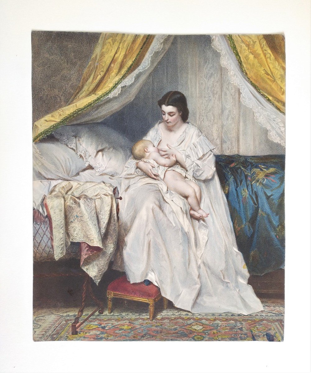 Maternity Watercolored Lithograph 19th Century Old Print-photo-2
