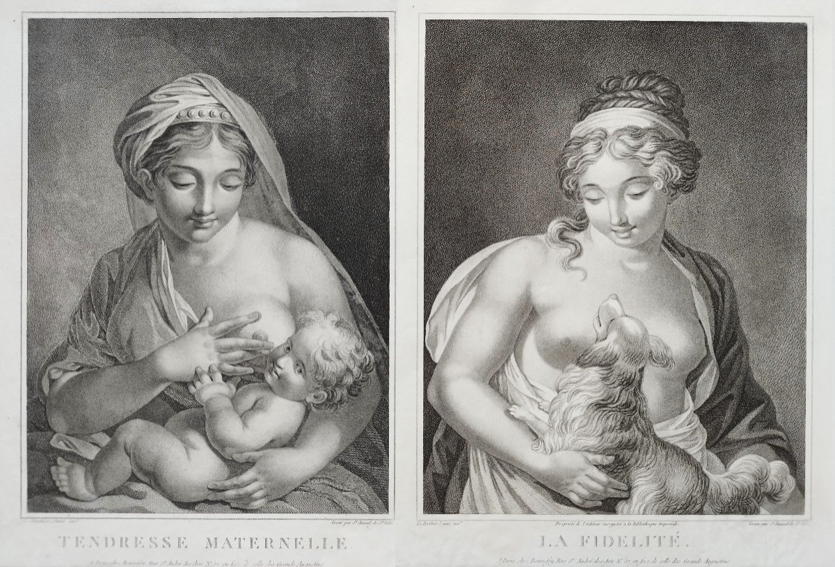 Paire De Gravures Allegoriques  Fidélité  Et Maternité Néo Classique d'époque Empire