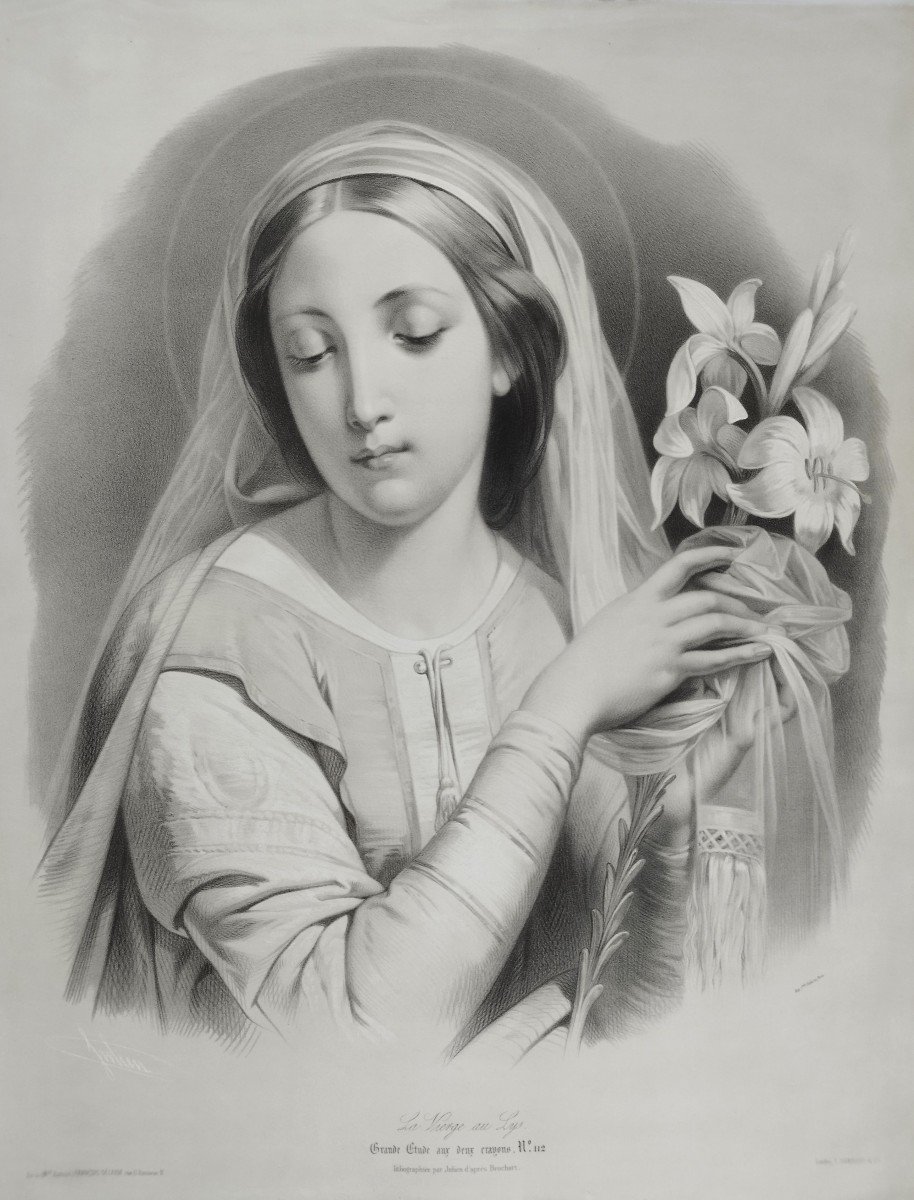 Vierge Aux Lys Grande Lithographie Par Julien 19ème-photo-3
