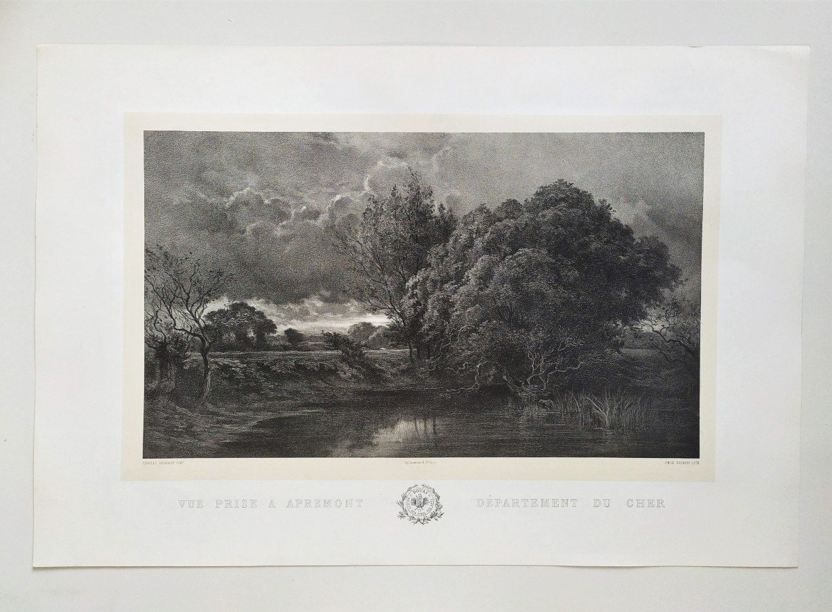 French Landscape View Of Apremont Cher Lithograph By Emile Vernier After Charles Sauvageot Old Print 19th C-photo-2
