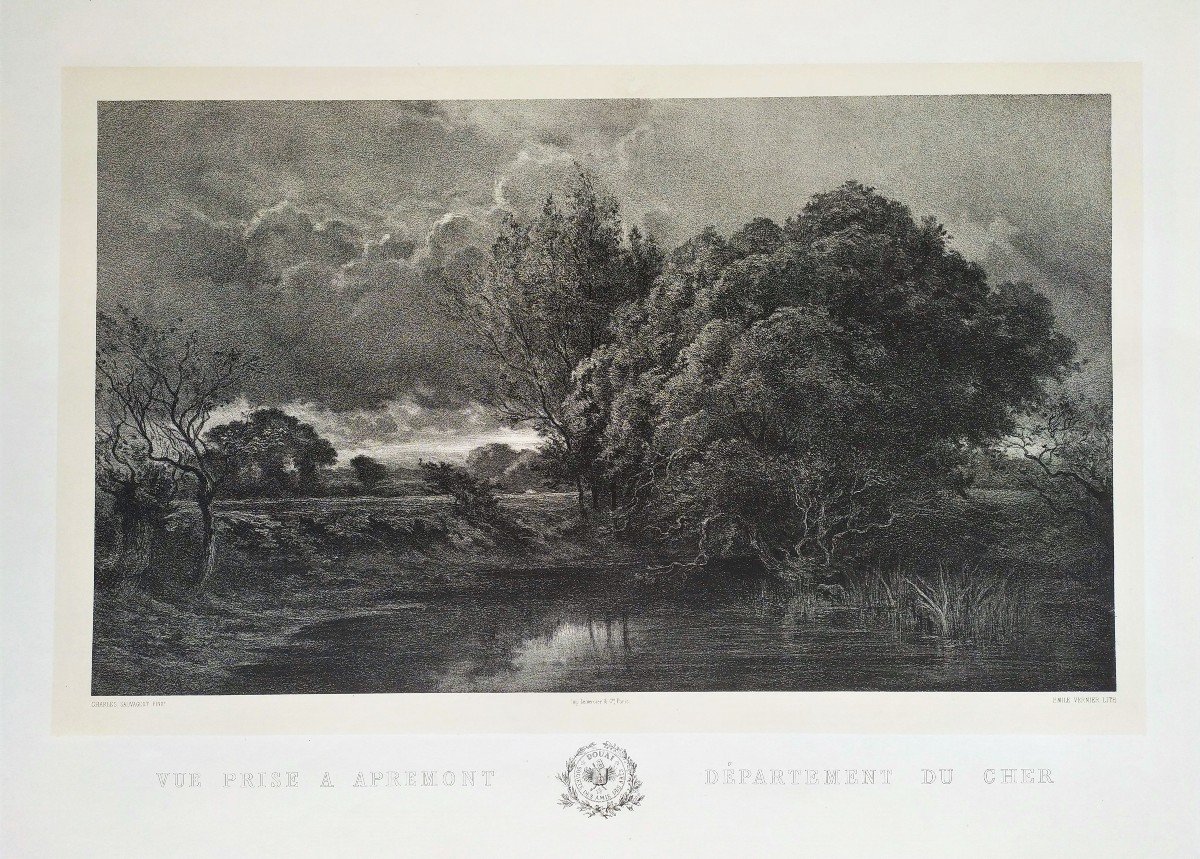 French Landscape View Of Apremont Cher Lithograph By Emile Vernier After Charles Sauvageot Old Print 19th C-photo-3