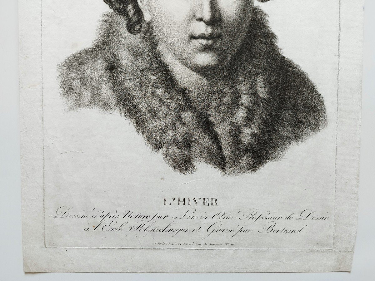Etching Allegorical Engraving Winter Portrait Of A Lady By Lemire Empire Period 19th C Old Print-photo-1