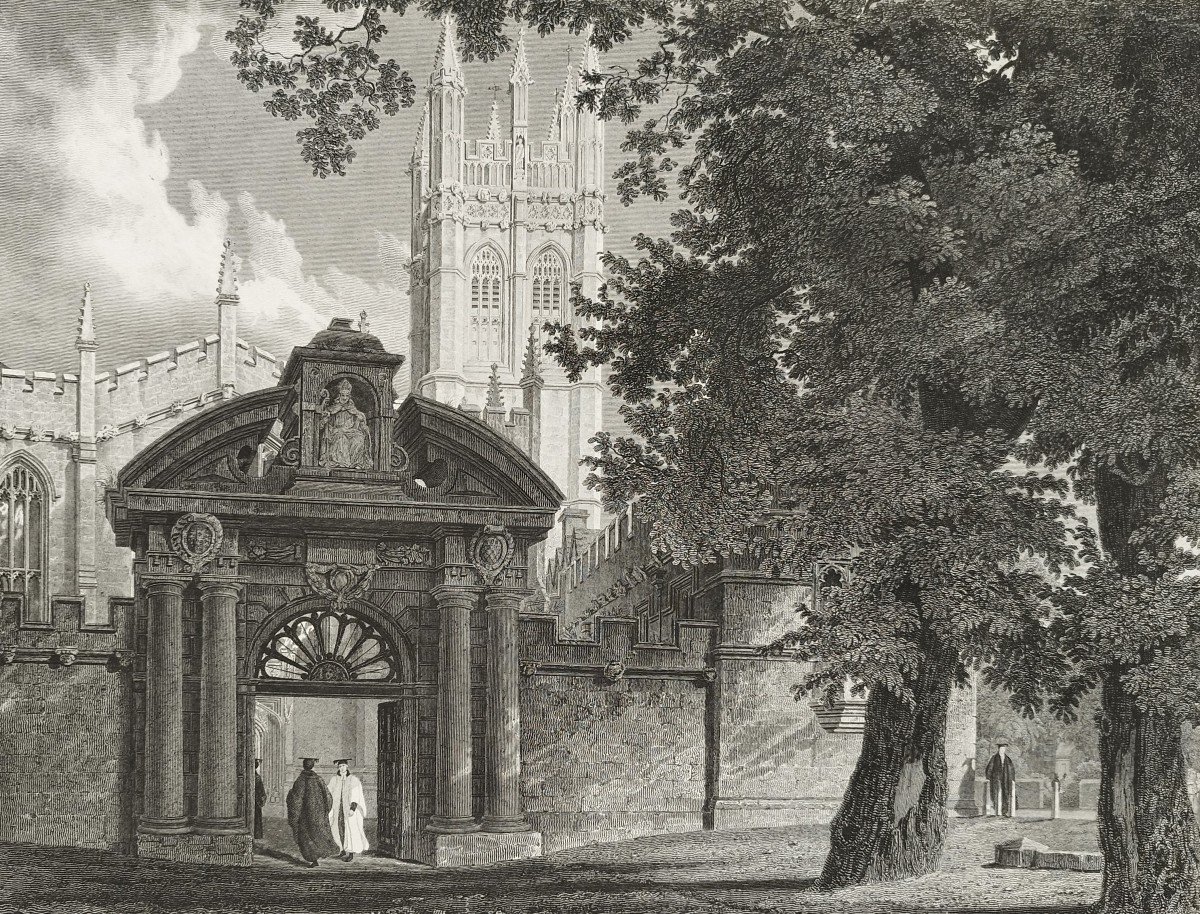  Architectural Etching  View College In Oxford In England 19th C Engraving After Mackenzie 19th C Old Print-photo-2