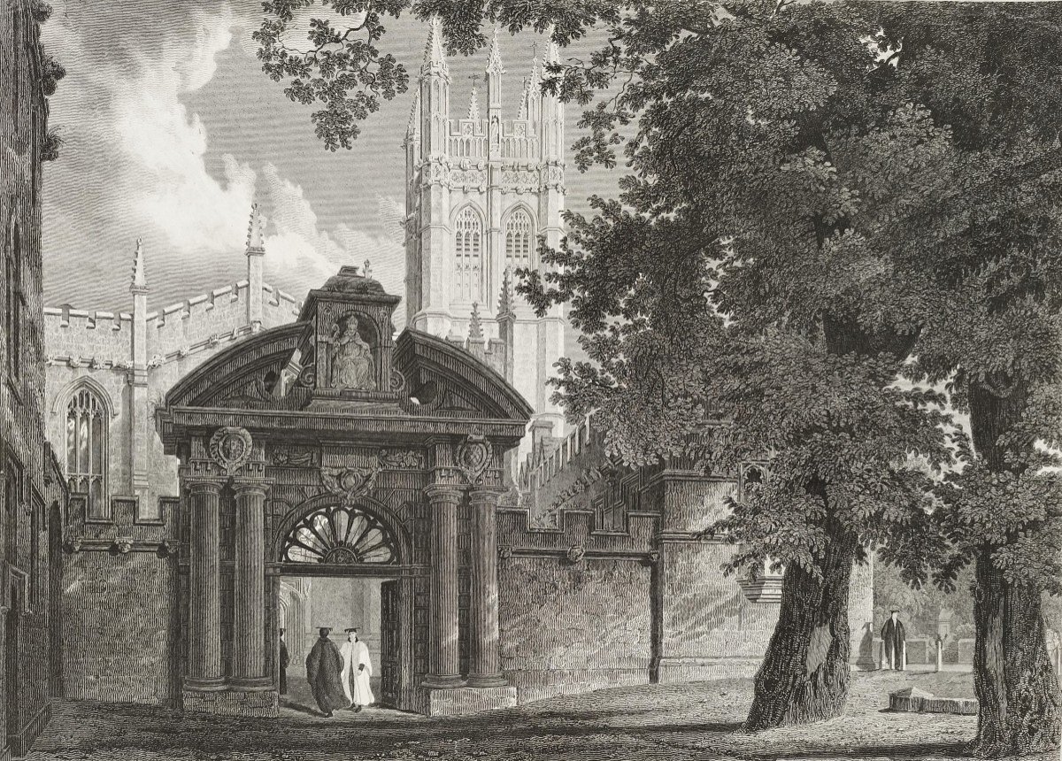  Architectural Etching  View College In Oxford In England 19th C Engraving After Mackenzie 19th C Old Print