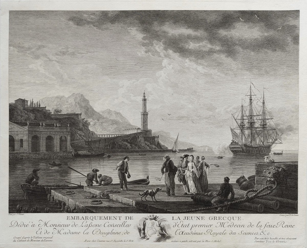 Etching After Vernet Engraving Embarkation Of The Young Greek Girl 18th C Old  Print