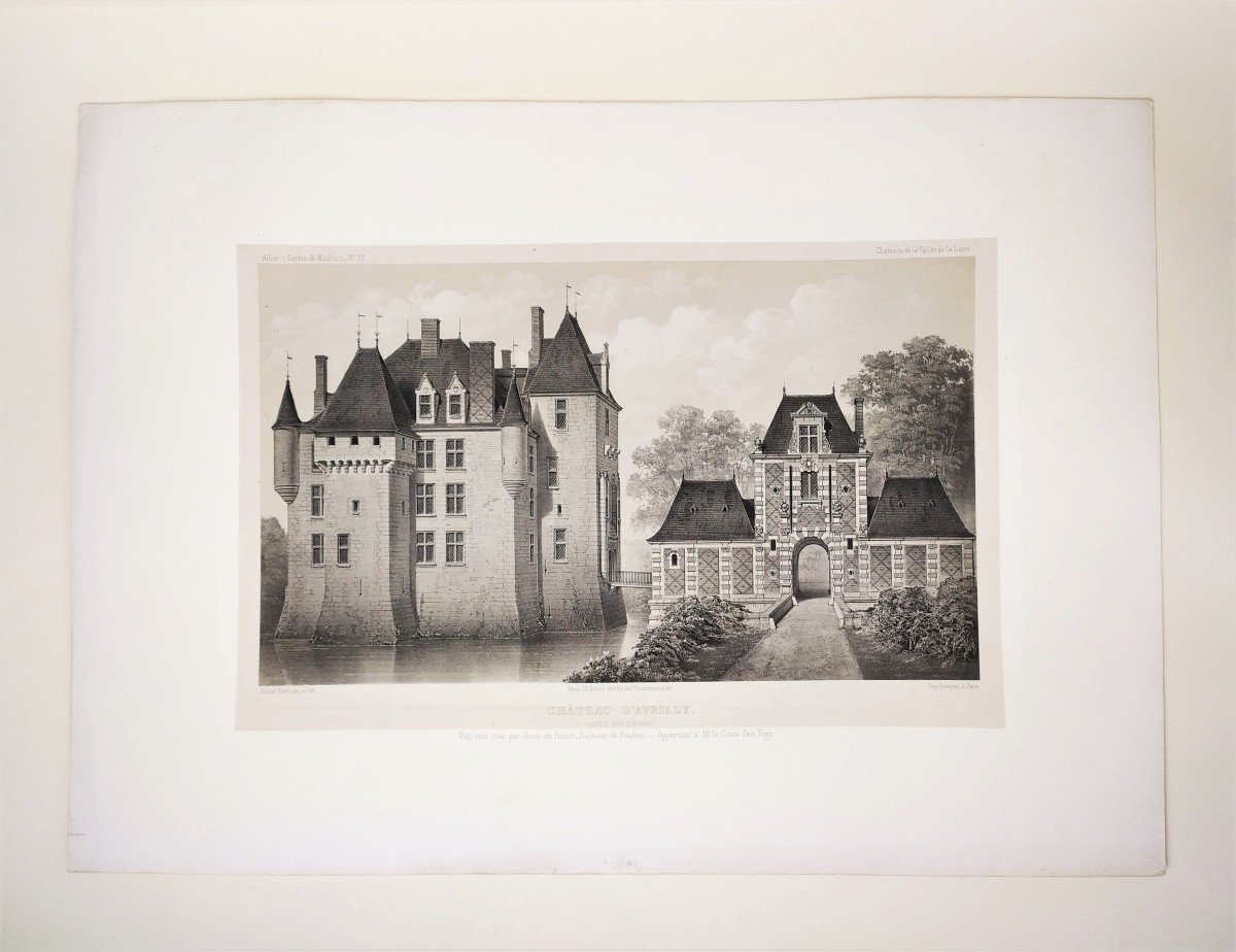 Architecture French Castle Avrilly Auvergne Lithograph By Victor Petit 19th C Old Print-photo-2